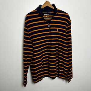 IZOD Mens XL Quarter Zip Pullover Navy Blue Yellow Striped Long Sleeve Cotton